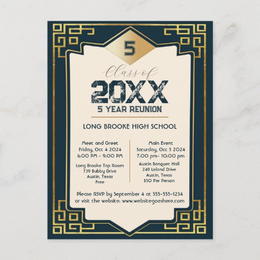 Faux Gold Art Deco 5 jaar High School Reunion Briefkaart (Voorkant)