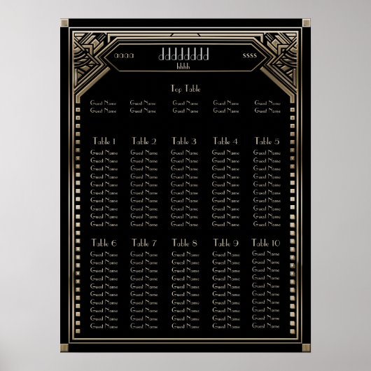 Faux Gold Art Deco Gatsby Wedding Seding Chart Poster (Voorkant)