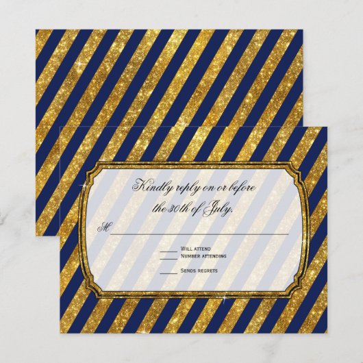 Faux Gold Art Deco Navy Blue Striped RSVP Response (Voorkant / Achterkant)