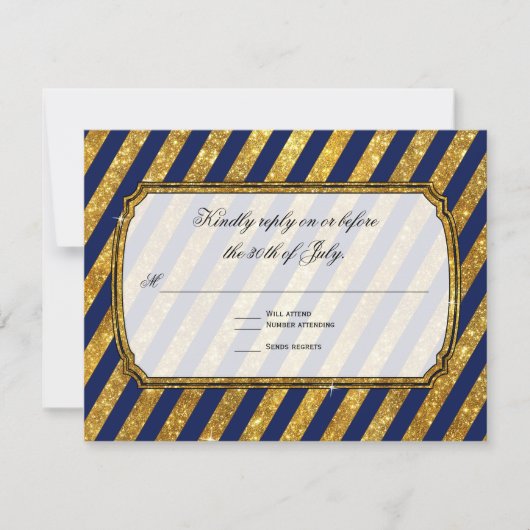 Faux Gold Art Deco Navy Blue Striped RSVP Response Kaartje (Voorkant)
