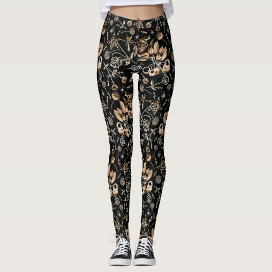 Faux Gold Beetles Flowers Leaves Cherry Fruits Leggings (Voorkant)