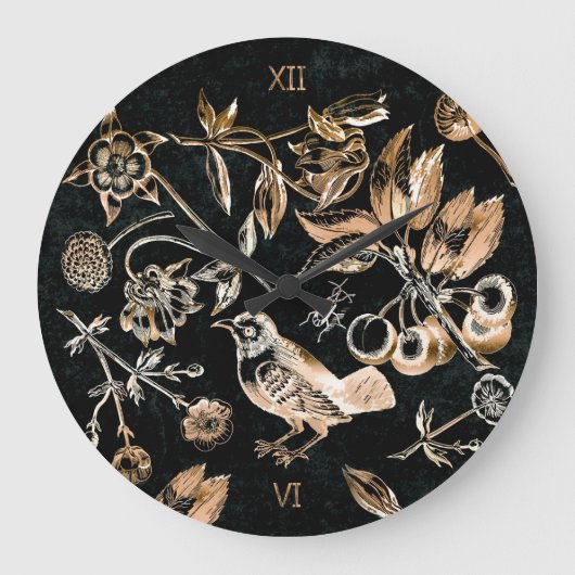 Faux Gold Bird Beetles Flowers Cherry Fruits   Grote Klok (Voorkant)