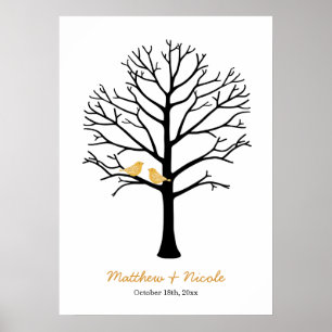 Faux Gold Birds Black Fingerprint Tree Weddenschap Poster