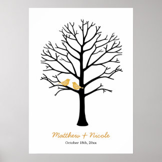 Faux Gold Birds Black Fingerprint Tree Weddenschap Poster