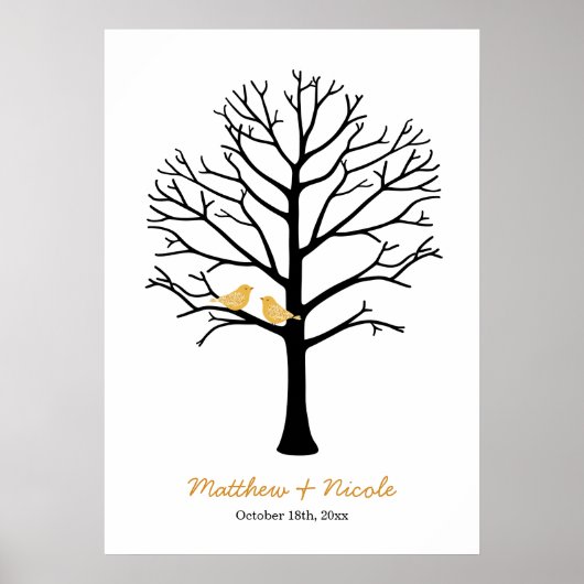Faux Gold Birds Black Fingerprint Tree Weddenschap Poster (Voorkant)