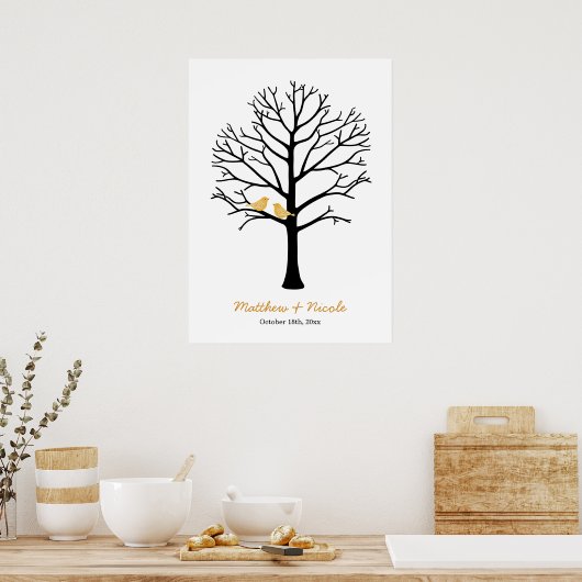Faux Gold Birds Black Fingerprint Tree Weddenschap Poster (Keuken)