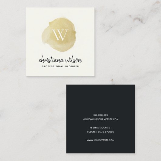 FAUX GOLD BLACK BRUSH STROKE CALLIGRAPHY MONOGRAM VIERKANTE VISITEKAARTJE (Voorkant / Achterkant)