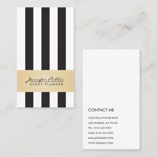 Faux Gold Black en White Stripe Event Planner Visitekaartje (Voorkant / Achterkant)