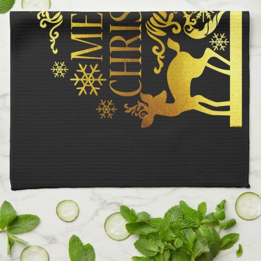 Faux Gold Black Merry-kerstkeukenhanddoeken Theedoek (Gevouwen)