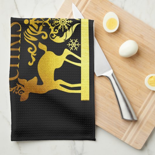 Faux Gold Black Merry-kerstkeukenhanddoeken Theedoek (Quarter Fold)