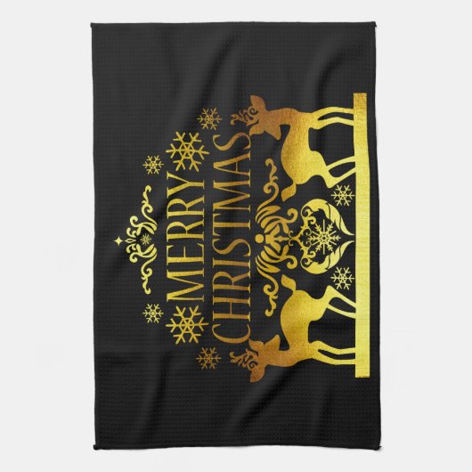 Faux Gold Black Merry-kerstkeukenhanddoeken Theedoek (Verticaal)