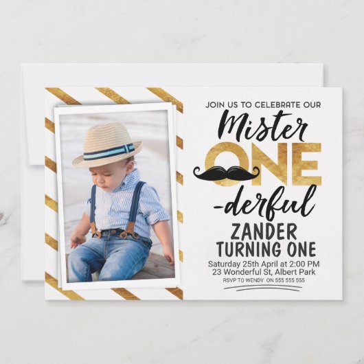 Faux Gold Black Mr Onederful Verjaardag Uitnodigin Kaart (Voorkant)