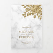 Faux Gold bladeren bloemenwit marmer bruiloft Drieluik Uitnodiging (Cover)