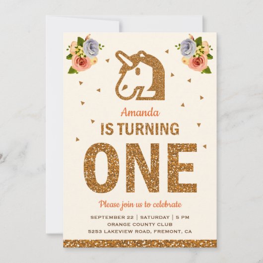 Faux Gold Bloemen Eenhoorn Eerste 1e Verjaardagsfe Kaart (Voorkant)