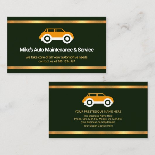 Faux Gold Borders Emerald Green Automobile Garage Visitekaartje (Voorkant / Achterkant)