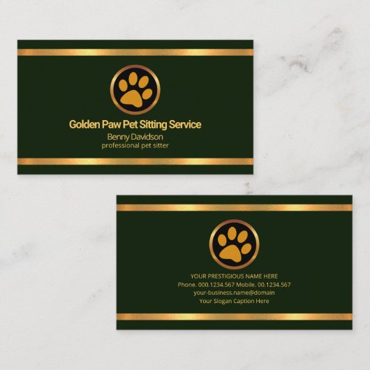 Faux Gold Borders Emerald Green Pet Zitting Visitekaartje (Voorkant / Achterkant)