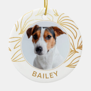 Faux Gold Botanical Dog Foto en naam Kerstmis Keramisch Ornament