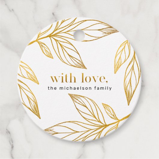 Faux Gold Botanical met Liefde en Naam Vakantie Bedankjes Labels (Voorkant)
