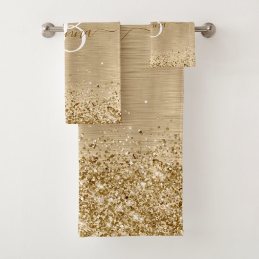 Faux Gold Brushed Metal Glitter Print Monogrammed Bad Handdoek (Insitu)