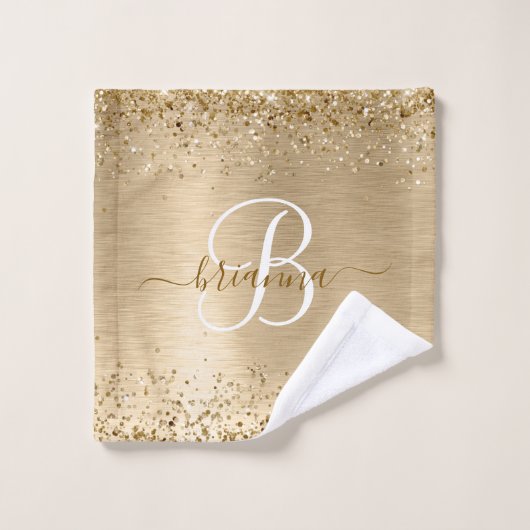 Faux Gold Brushed Metal Glitter Print Monogrammed Bad Handdoek (Wasdoekje)