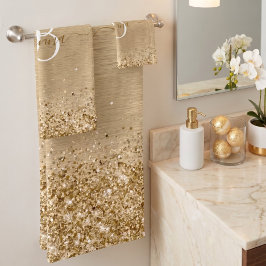 Faux Gold Brushed Metal Glitter Print Monogrammed Bad Handdoek