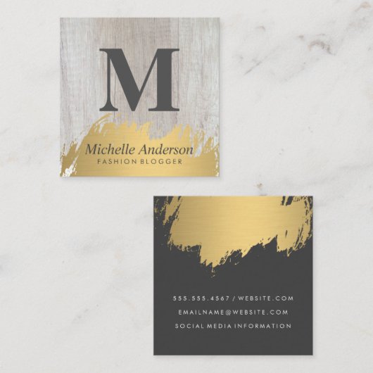 Faux Gold Brushed Monogram | Houtkorrels Vierkante Visitekaartje (Voorkant / Achterkant)