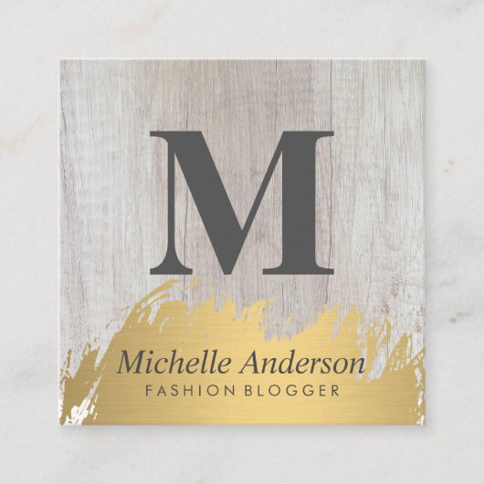 Faux Gold Brushed Monogram | Houtkorrels Vierkante Visitekaartje (Voorkant)