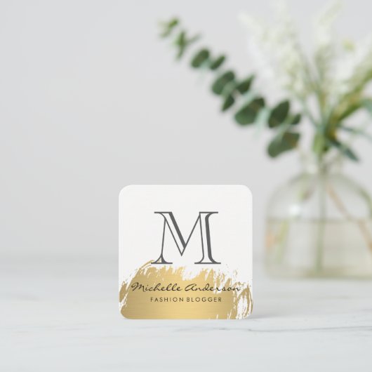 Faux Gold Brushed Monogram Vierkante Visitekaartje (Staand voorkant)