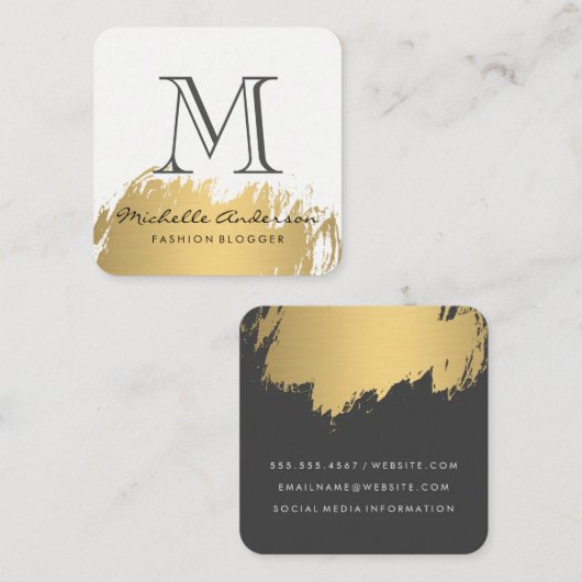 Faux Gold Brushed Monogram Vierkante Visitekaartje (Voorkant / Achterkant)