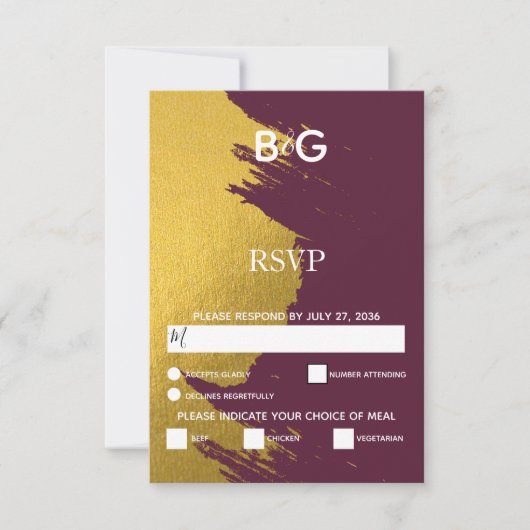 Faux Gold Brushstrokes & Bourgogne met monogram RSVP Kaartje (Voorkant)