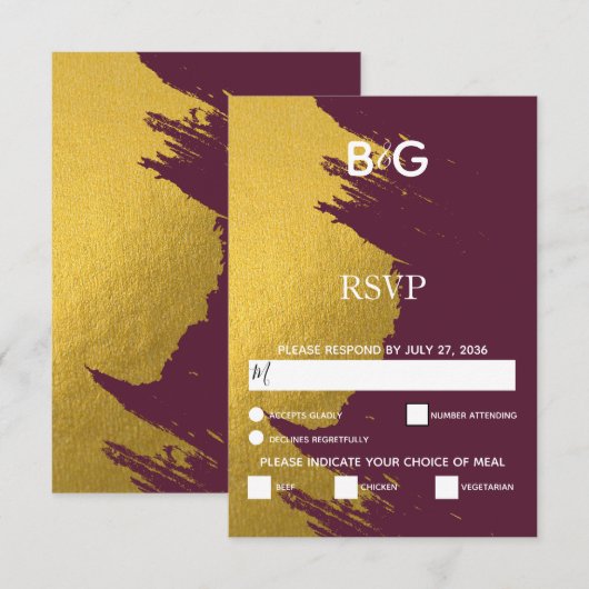 Faux Gold Brushstrokes & Bourgogne met monogram RSVP Kaartje (Voorkant / Achterkant)