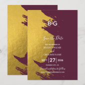 Faux Gold Brushstrokes & Bourgogne met monogram Save The Date (Voorkant / Achterkant)