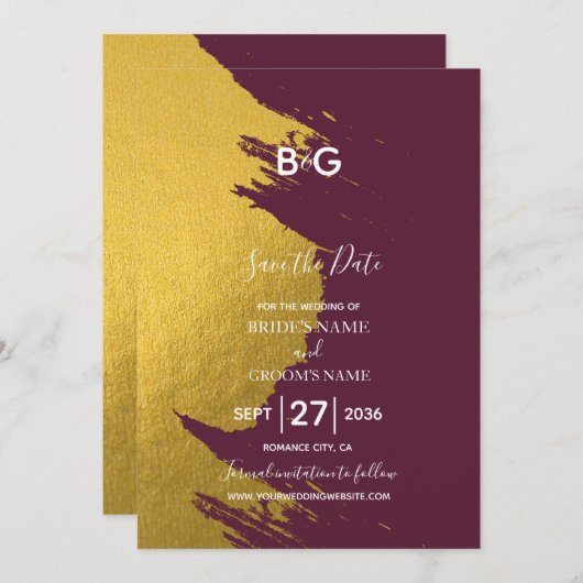 Faux Gold Brushstrokes & Bourgogne met monogram Save The Date (Voorkant / Achterkant)