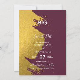 Faux Gold Brushstrokes & Bourgogne met monogram Save The Date