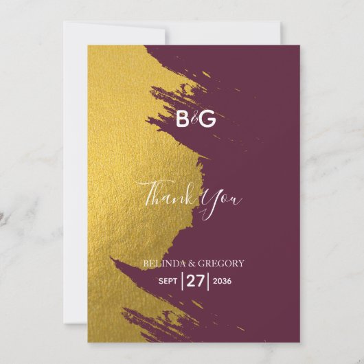Faux Gold Brushstrokes Burgundy, Monogram Weddensc Bedankkaart (Achterkant)