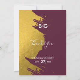 Faux Gold Brushstrokes Burgundy, Monogram Weddensc Bedankkaart
