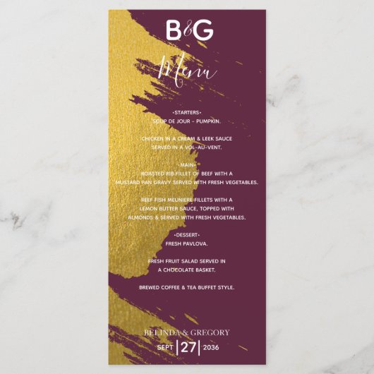 Faux Gold Brushstrokes Burgundy, Monogram Weddensc Menu (Voorkant)