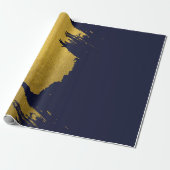 Faux Gold Brushstrokes met Navy Blue Background Cadeaupapier (Uitgerold)