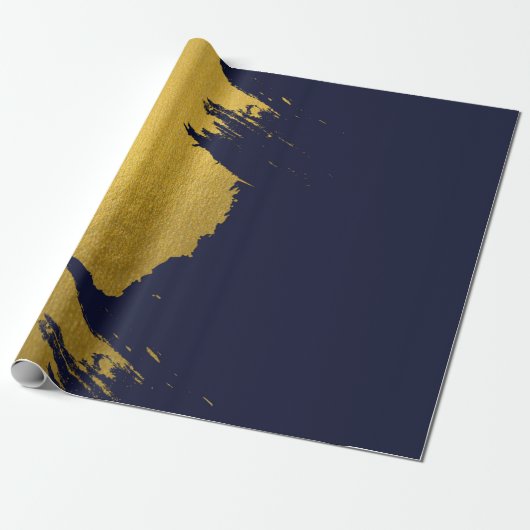 Faux Gold Brushstrokes met Navy Blue Background Cadeaupapier (Uitgerold)