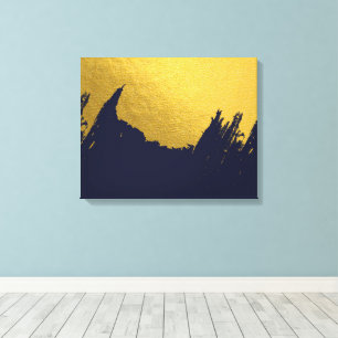 Faux Gold Brushstrokes met Navy Blue Background Canvas Afdruk