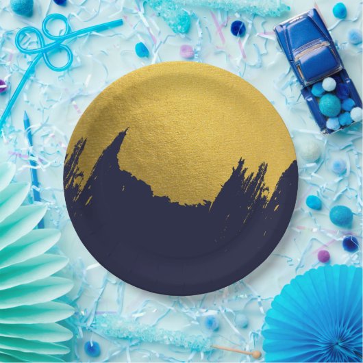 Faux Gold Brushstrokes met Navy Blue Background Papieren Bordje (Feest)