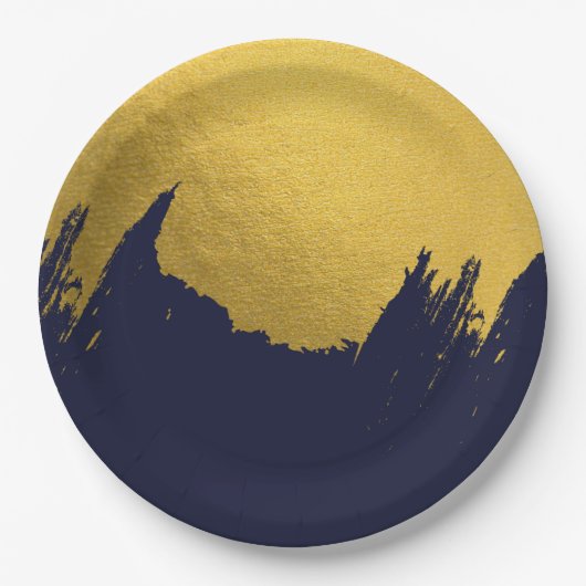 Faux Gold Brushstrokes met Navy Blue Background Papieren Bordje (Voorkant)