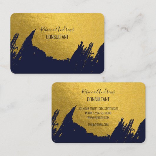 Faux Gold Brushstrokes met Navy Blue Background Visitekaartje (Voorkant / Achterkant)