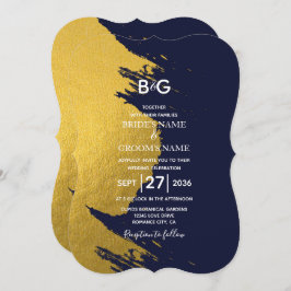 Faux Gold Brushstrokes & Navy Blue met Monogram I Kaart