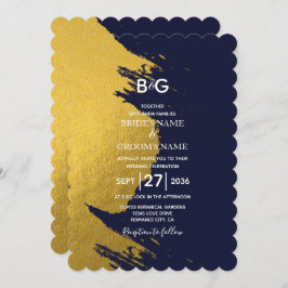 Faux Gold Brushstrokes & Navy Blue met Monogram I Kaart