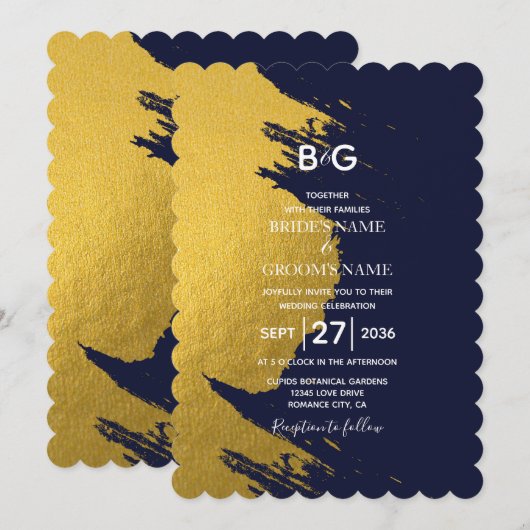 Faux Gold Brushstrokes & Navy Blue met Monogram I Kaart (Voorkant / Achterkant)