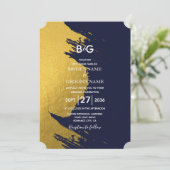 Faux Gold Brushstrokes & Navy Blue met monogram Kaart (Staand voorkant)