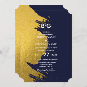 Faux Gold Brushstrokes & Navy Blue met monogram Kaart