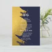 Faux Gold Brushstrokes & Navy Blue met monogram Kaart (Staand voorkant)