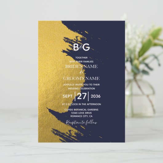 Faux Gold Brushstrokes & Navy Blue met monogram Kaart (Staand voorkant)